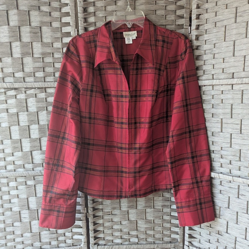 Coldwater Creek Lightweight Blazer Jacket Red‎ Plaid Silk Blend Zip Front Sz L